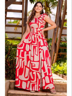 Plus size red and white geometric abstract print sleeveless maxi dress; single side bow waist cinching side slit flared hem vacation maxi dress