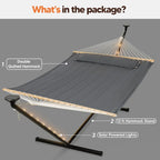 Outdoor Double Hammock with 12 ft Stand and Solar Powered Lights in Dark Gray
