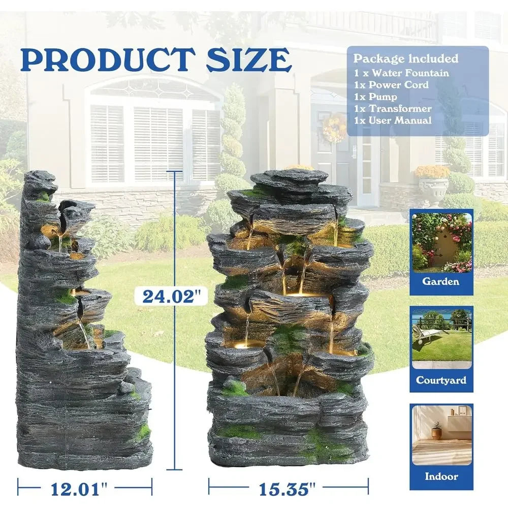 7-Tier Outdoor Garden Waterfall Fountain with LED Lights for Patio, Deck, and Backyard