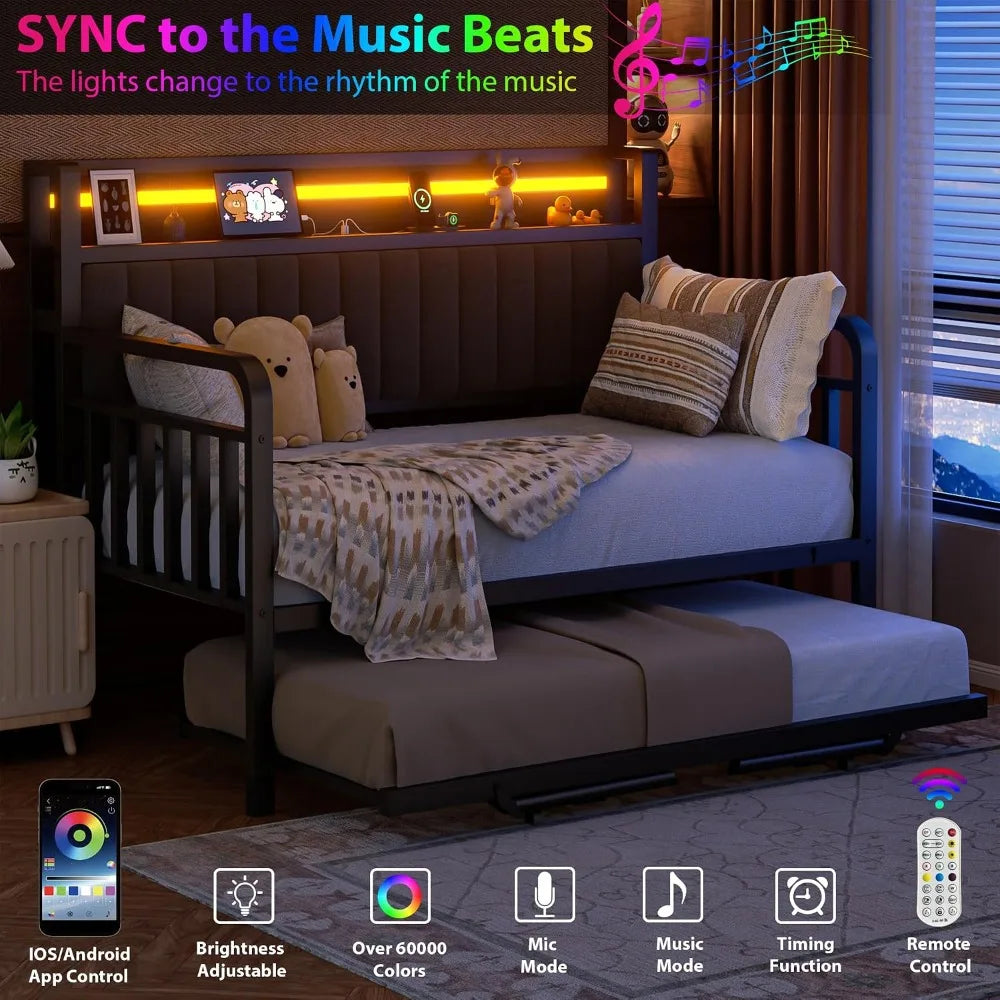 Daybed With Trundle And Led Light, Heavy Duty Metal Twin Bed Frame With Upholstered Storage Headboard & Charging Station, Pop Up Trundle Bed For Living Room, Bedroom And Guest Room
