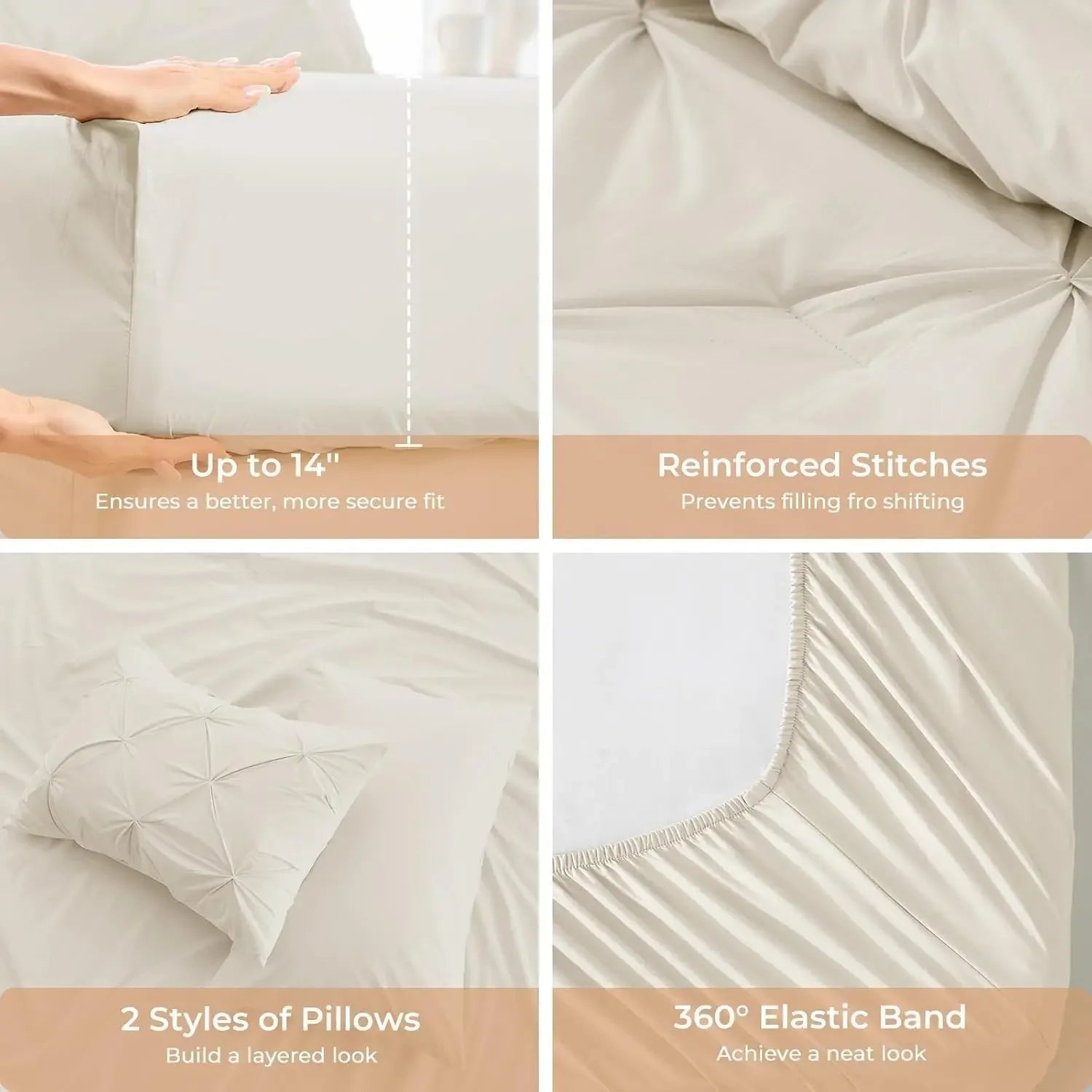 Queen Comforter Set, 7-Piece Bed in a Bag, Pintuck Bedding Sets for All Season, Includes Comforter, Flat Sheet, Fitted Sheet, Pillowcases and Pillowshams, Beige