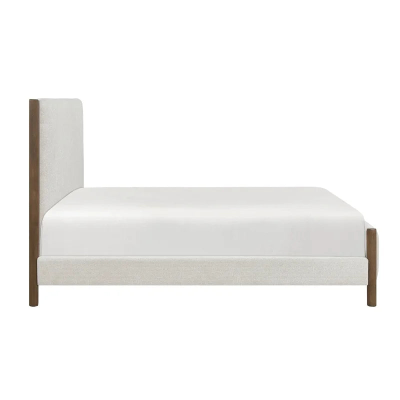 Queen Platform Bed, Soft Beige Chenille Upholstered, Solid Wood Frame, Modern Contemporary Design