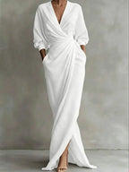 Women V-Neck Solid Cotton Maxi Dress With Draped Detail