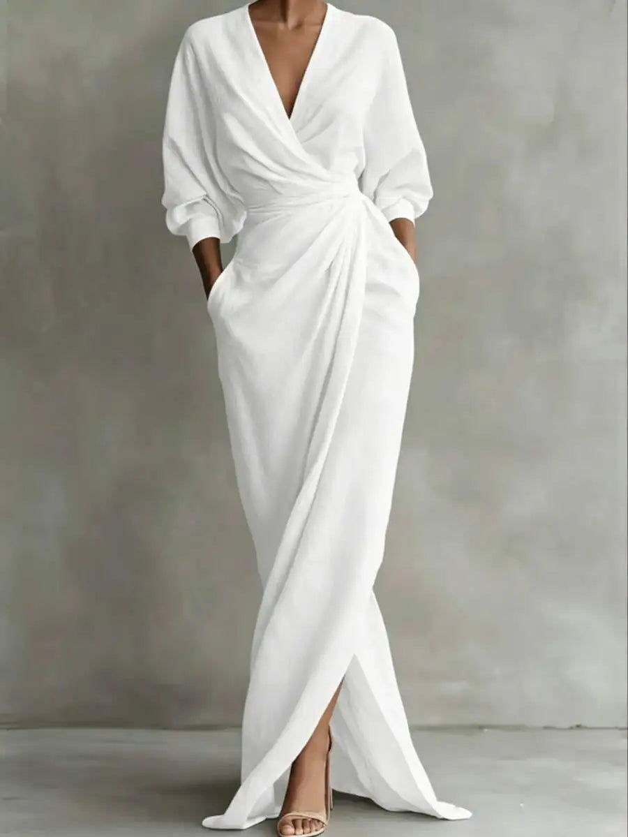 Women V-Neck Solid Cotton Maxi Dress With Draped Detail