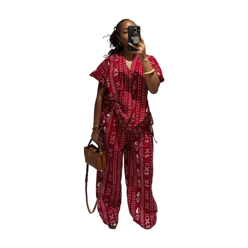Women Stand Collar Short Sleeve Printed Wrap Top And Wide Leg Pants For Casual Streetwear Resort And Daily Occasion