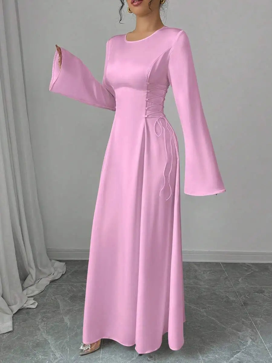 Elegant Ivory A-Line Satin Maxi Dress With Cinched Waist And Flare Sleeves