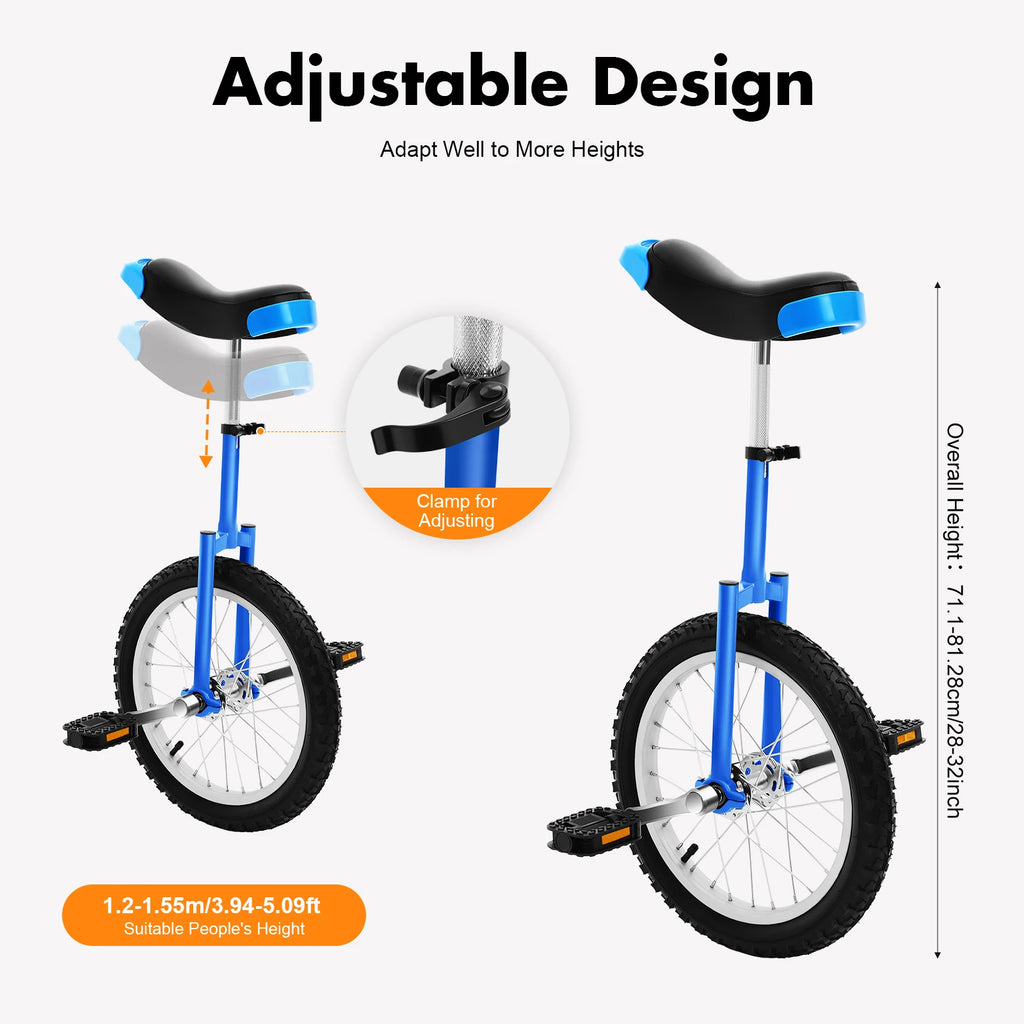16 Inch Unicycle Outdoor One Wheel Bike Height Adjustable 28-32in 110lbs Capacity Manganese Steel for Balance Training Fitness
