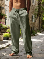 Men White Linen Loose Casual Long Pants For Spring Summer Autumn