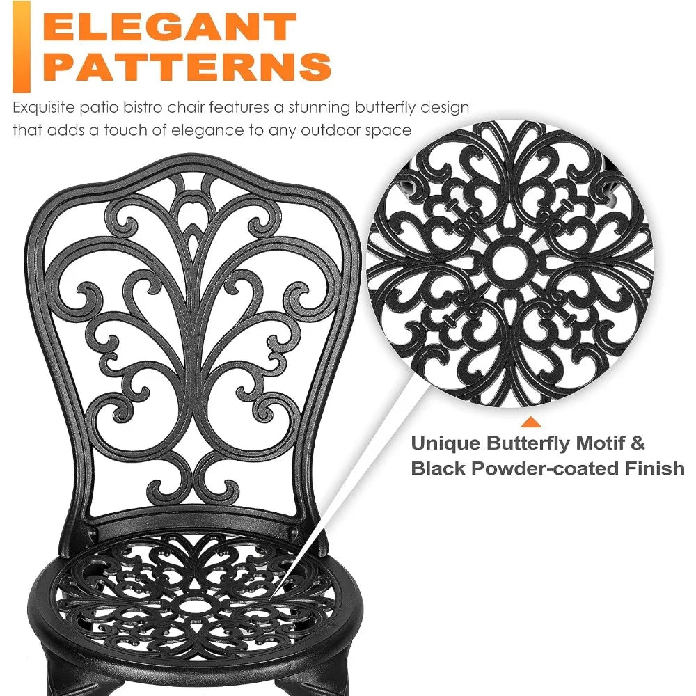 All Weather Cast Aluminum Bistro Set, Patio Table & Chairs, Umbrella Hole, Suitable for Yard, Garden, Balcony, Black