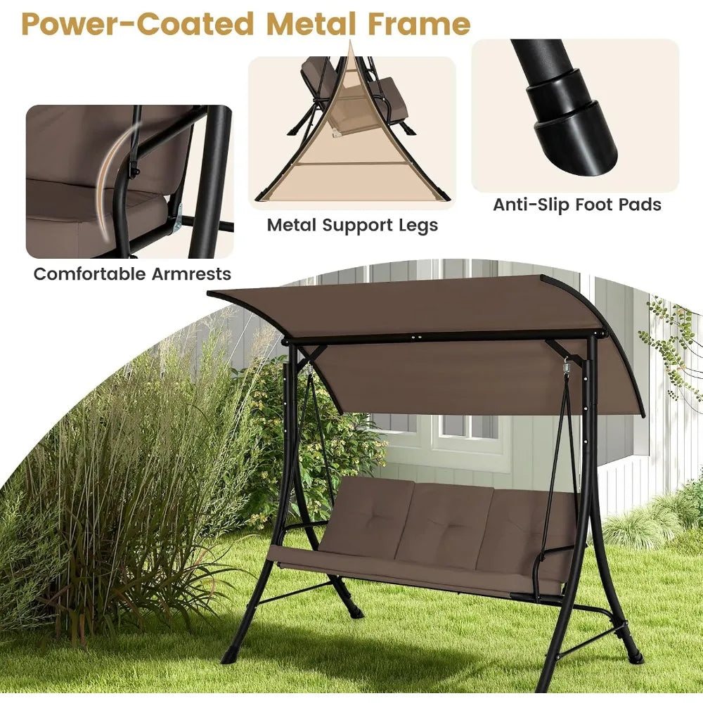 3-Seat Outdoor Porch Swing with Adjustable Canopy, Armrests, Metal Frame and Thickened Cushions for Garden, Poolside & Deck