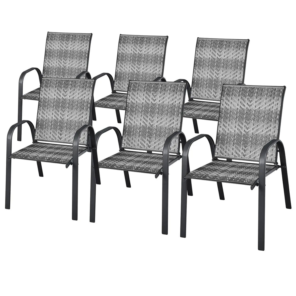 6 Pack Stackable Dining Chairs Outdoor PE Wicker Patio Arm Chairs with Rustproof Steel Frame, Bistro Deck Chairs, Customized