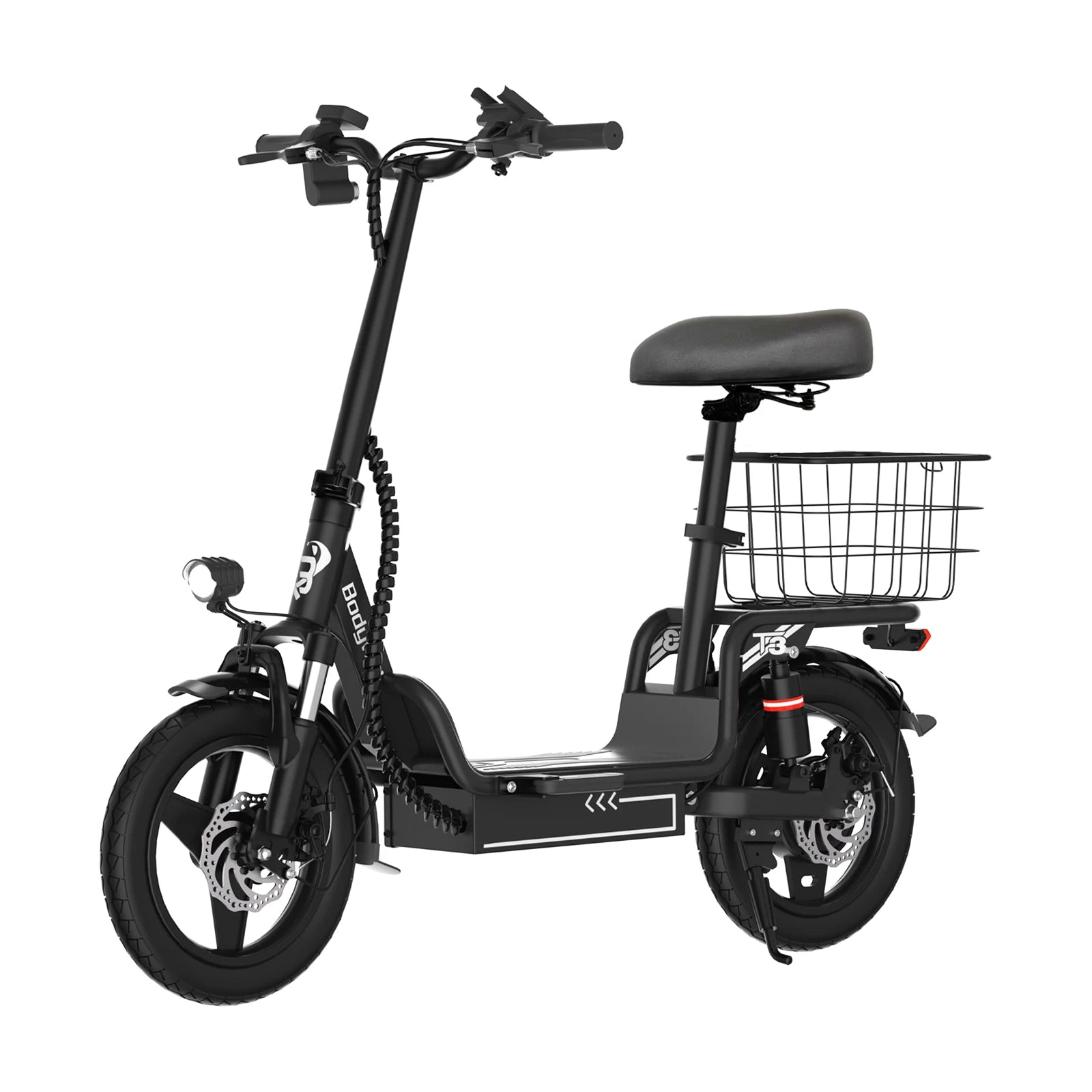 Bodywel T3 Folding Ebike - 48V 10Ah Electric Bike with Seat, 14 Inch Portable Escooter with rack & Rear Basket for Adults Urban