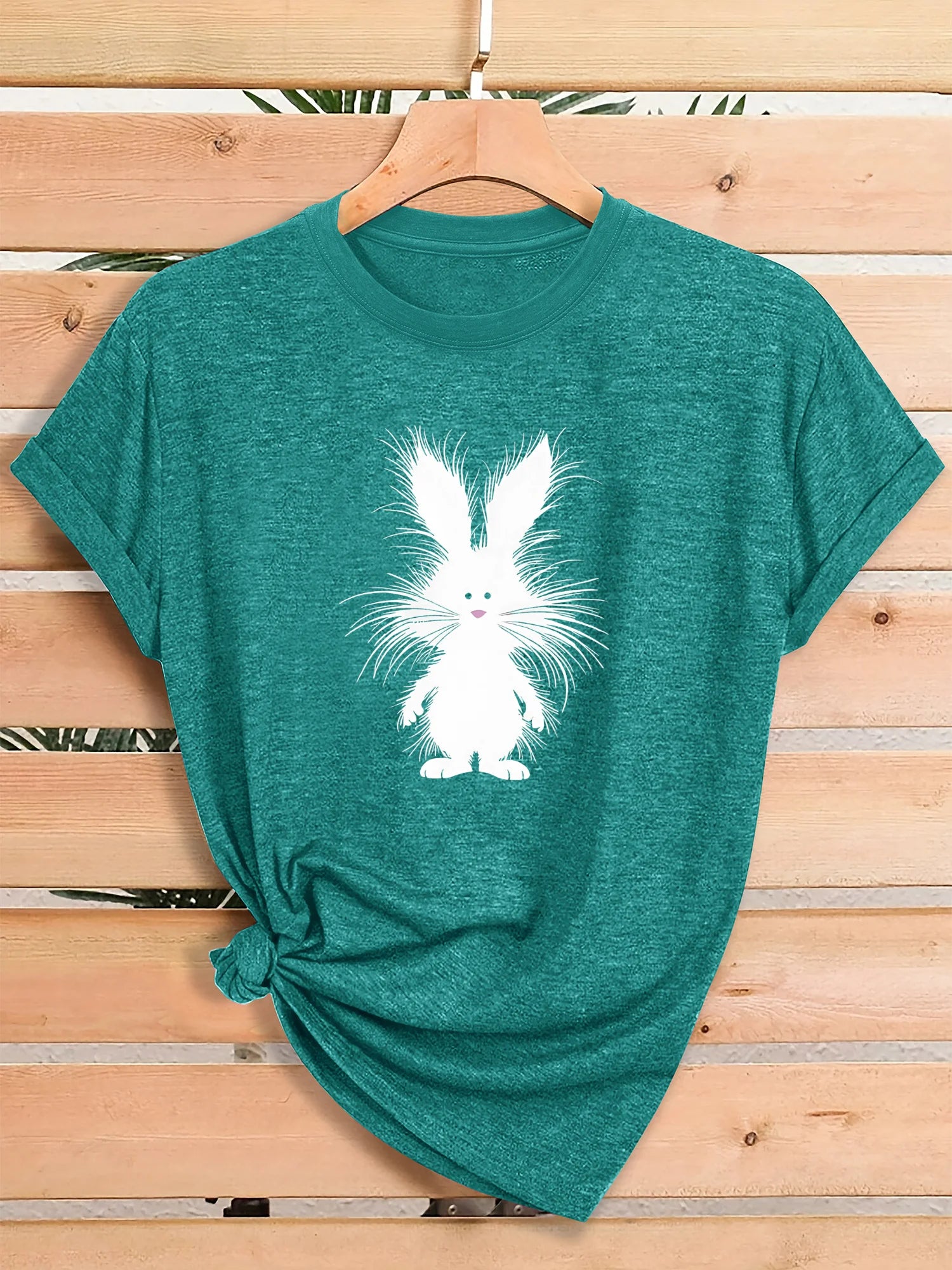 Women Fluffy White Bunny Rabbit Graphic T Shirt Cute Cartoon Animal Easter Spring Short Sleeve Crew Neck Heather Pink Casual Tee Tops