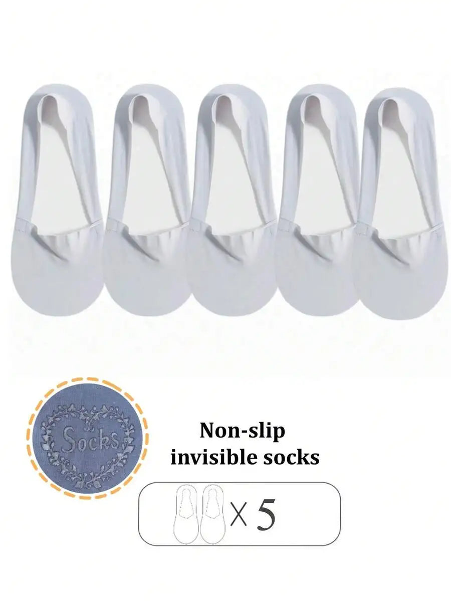5 Pairs Women Breathable Thin Invisible Non-Slip Sweat Absorbent Boat Socks Summer