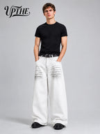 UP.THE Men White Gradient Washed Crinkle Baggy Wide Leg Jeans, Y2K Oversized Loose Distressed Denim Pants, Grunge Streetwear Trousers for Daily Outfits