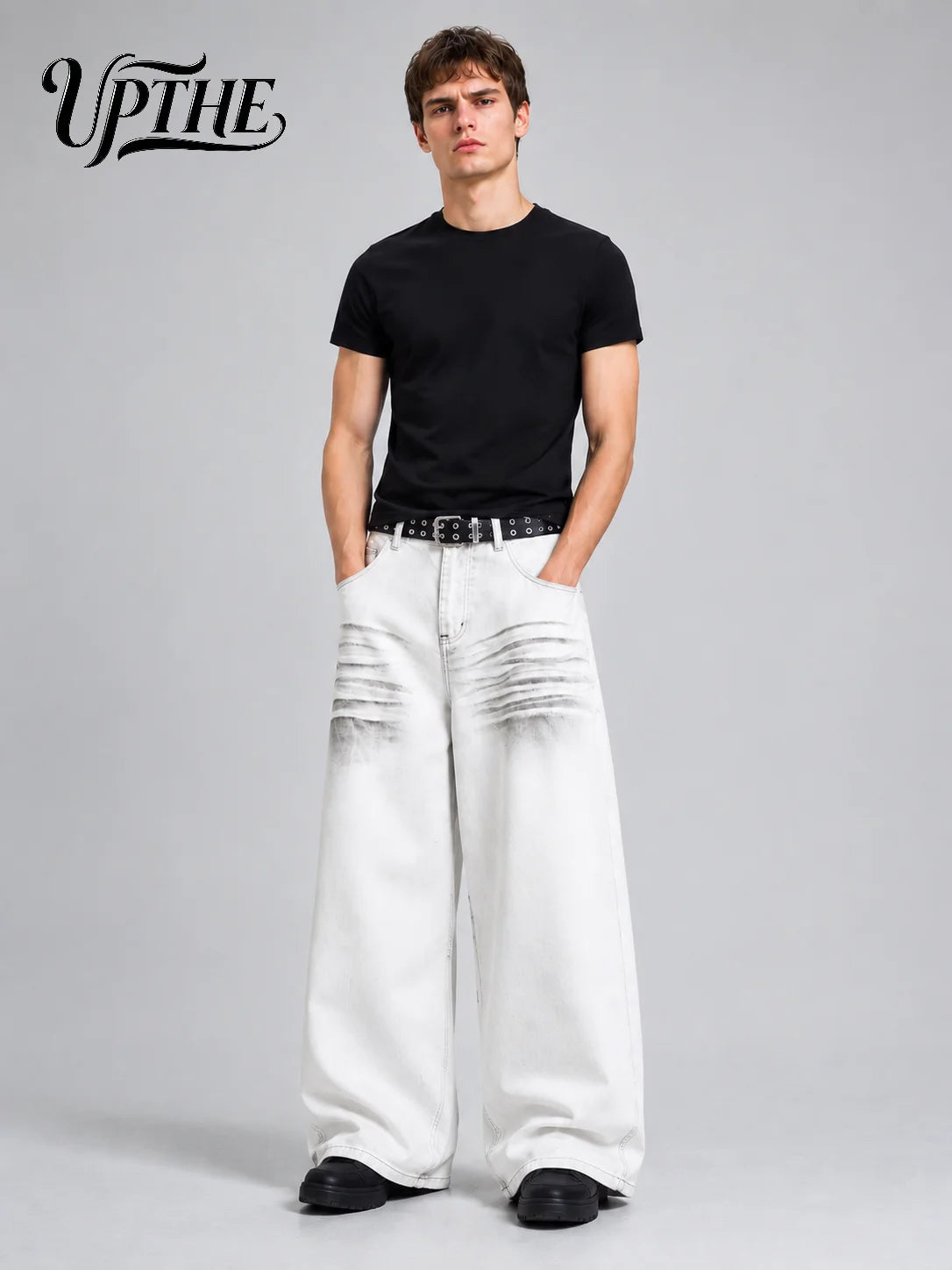 UP.THE Men White Gradient Washed Crinkle Baggy Wide Leg Jeans, Y2K Oversized Loose Distressed Denim Pants, Grunge Streetwear Trousers for Daily Outfits