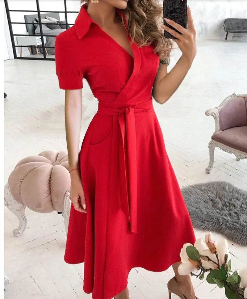 Solid Wrap Midi Dress Elegant Women Dress Mid Short Sleeve V Neck Tie Waist Pocket A-line Office Daily Summer