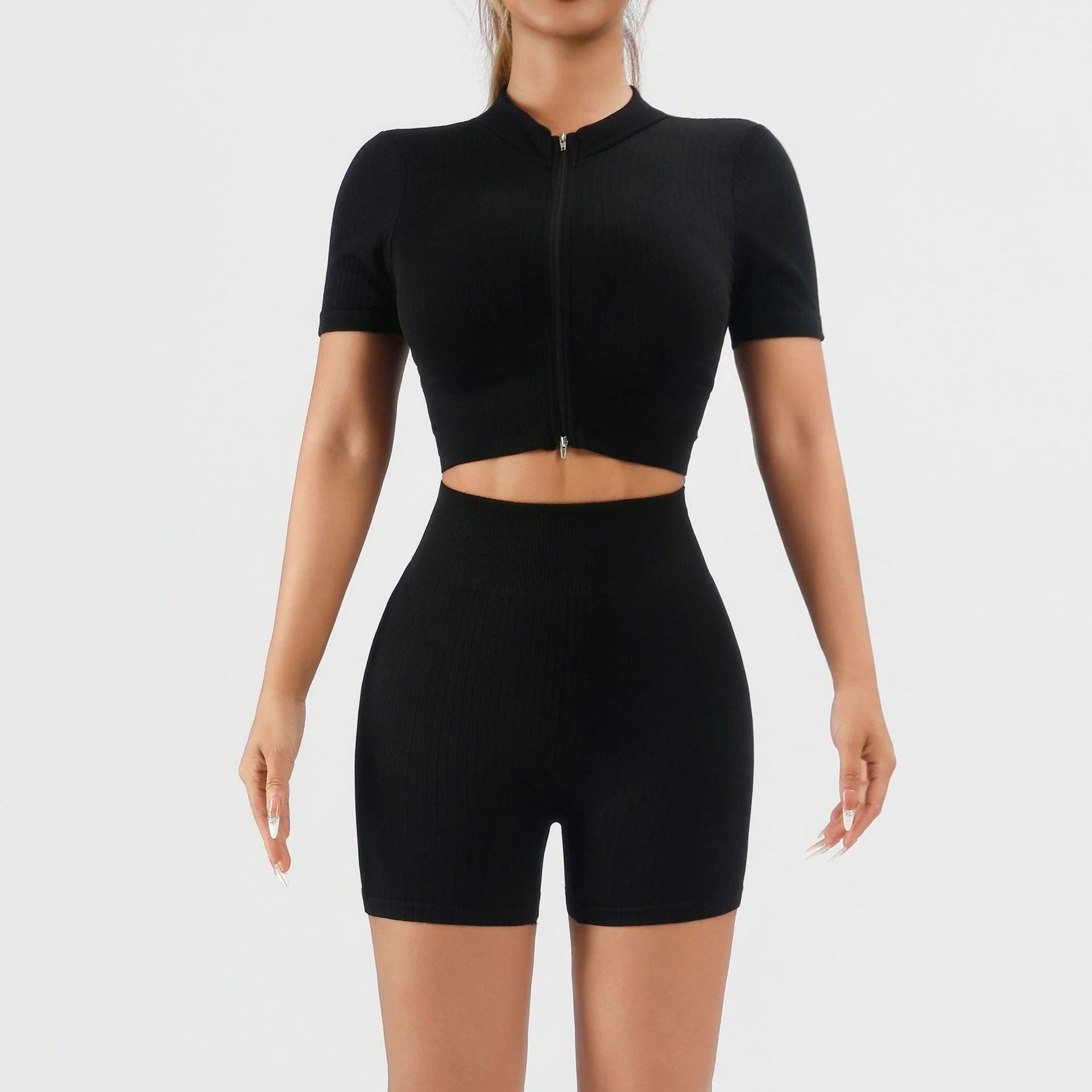 Workout Sets for Women 2 Piece Seamless Ribbed Short Sleeve Crop Top High Waist Shorts Yoga Outfits