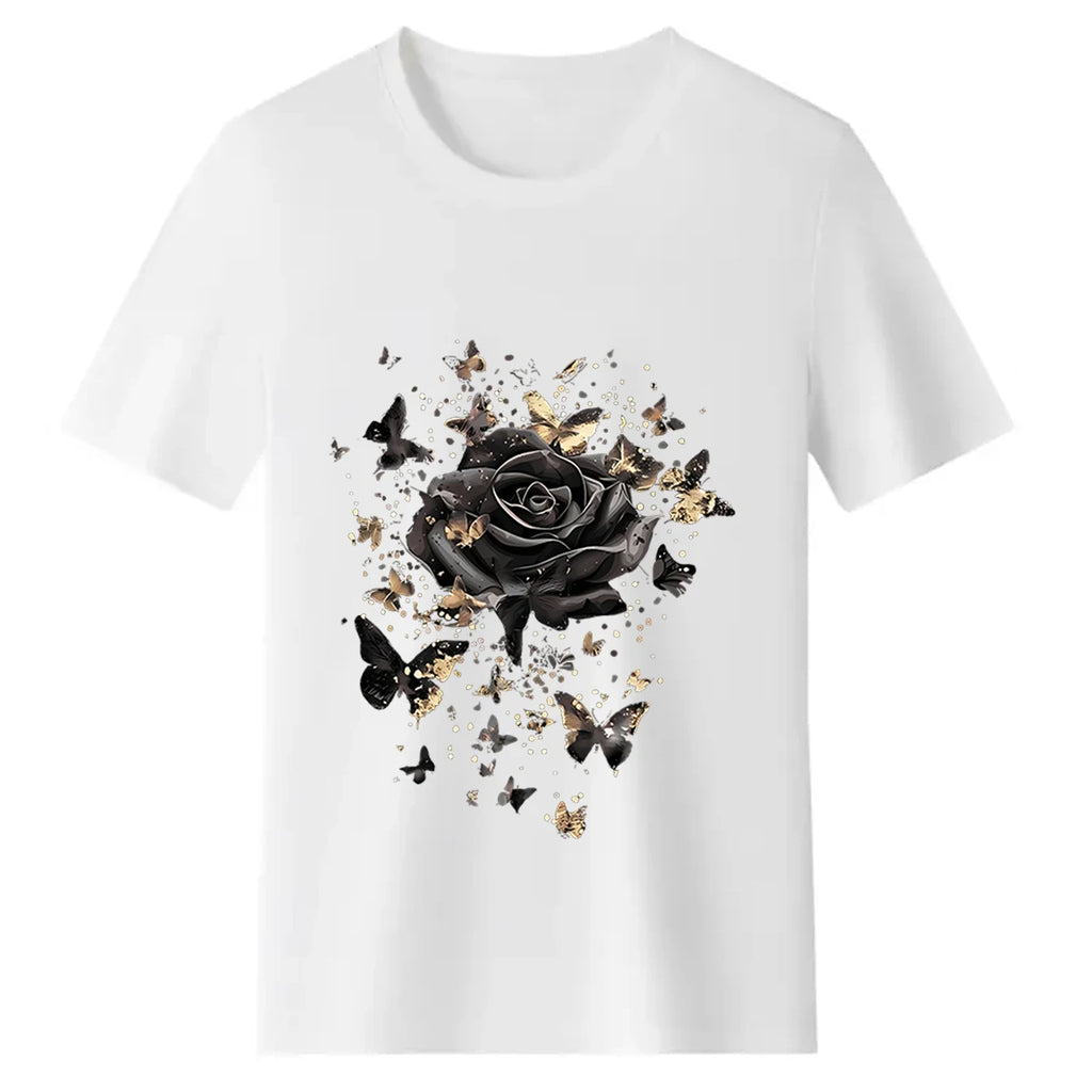 Women's Plus-Size Black T-Shirt with Rose Gold Glitter Butterfly Design — 100% cotton, oversized fit, crew neck, short sleeves; perfect for fans of gothic floral aesthetics and ideal for casual street style.