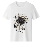 Women's Plus-Size Black T-Shirt with Rose Gold Glitter Butterfly Design — 100% cotton, oversized fit, crew neck, short sleeves; perfect for fans of gothic floral aesthetics and ideal for casual street style.