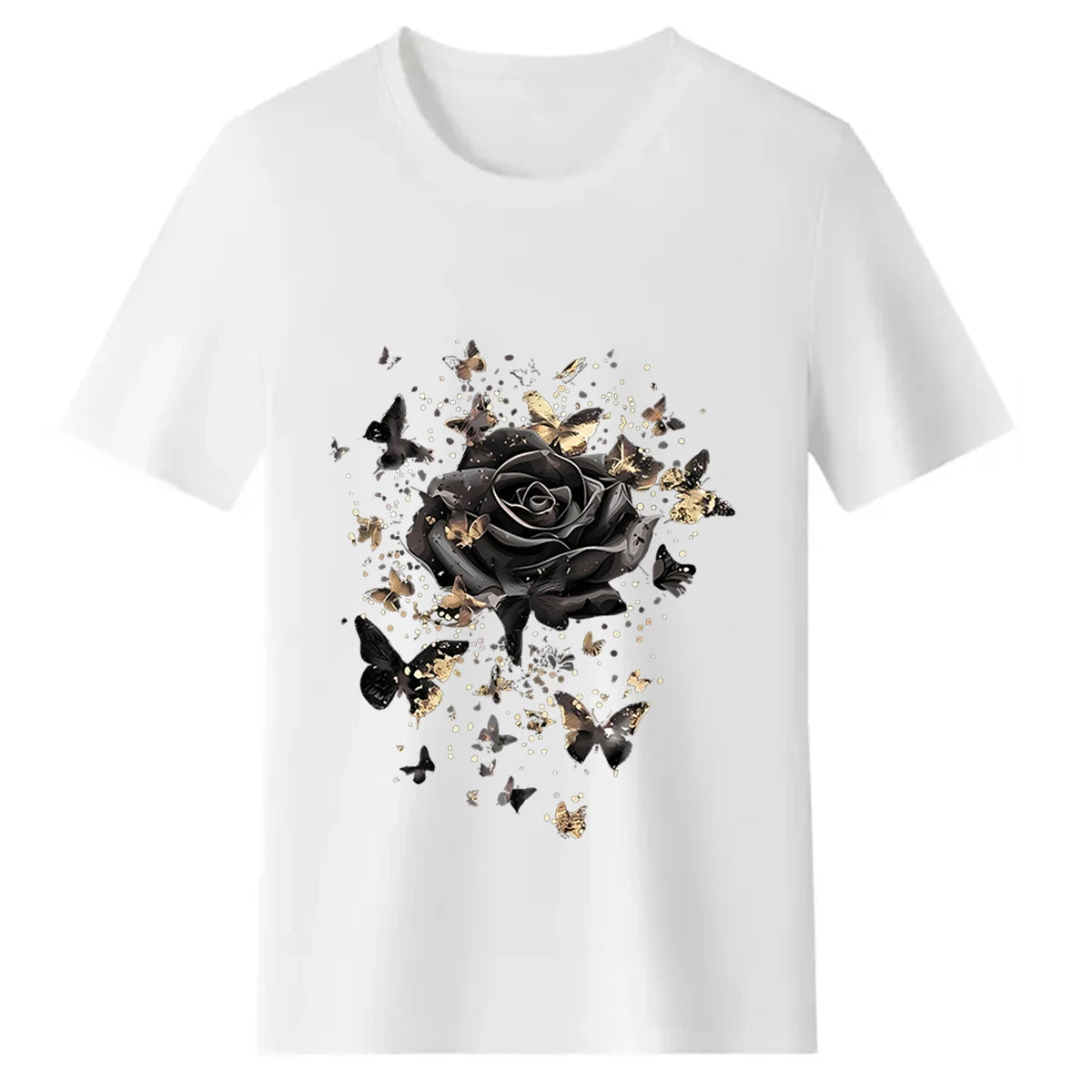 Women's Plus-Size Black T-Shirt with Rose Gold Glitter Butterfly Design — 100% cotton, oversized fit, crew neck, short sleeves; perfect for fans of gothic floral aesthetics and ideal for casual street style.