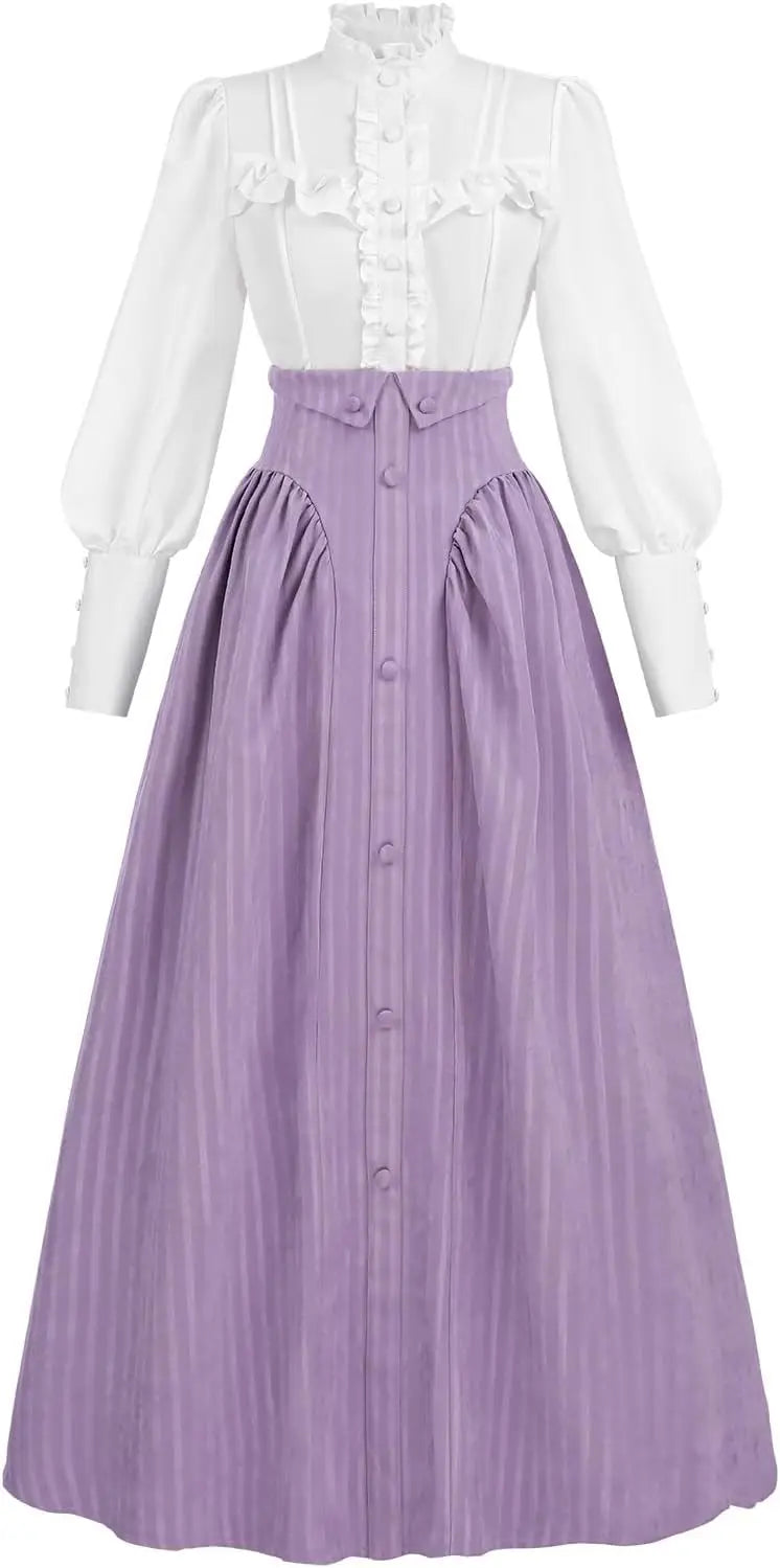 Victorian Dress for Women Edwardian Renaissance Costume Medieval Vintage 1800s Blouse Dresses 2 Piece