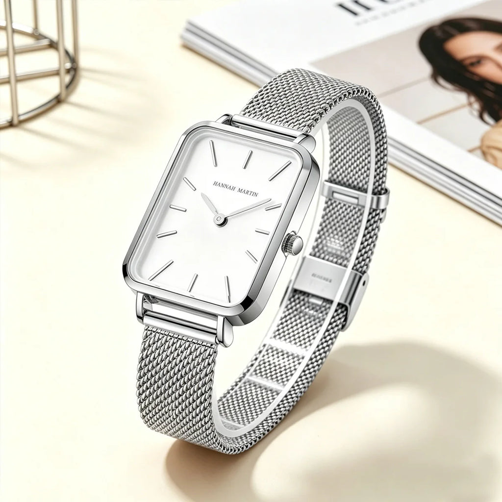 Hannah Martin Women Watch 34mm Simple Design Square Dial Lightweight Japanese Quartz Movement Rose Gold Stainless Steel Mesh Strap Classic Watch US Local Fast Shipping Surprise Gift Watch