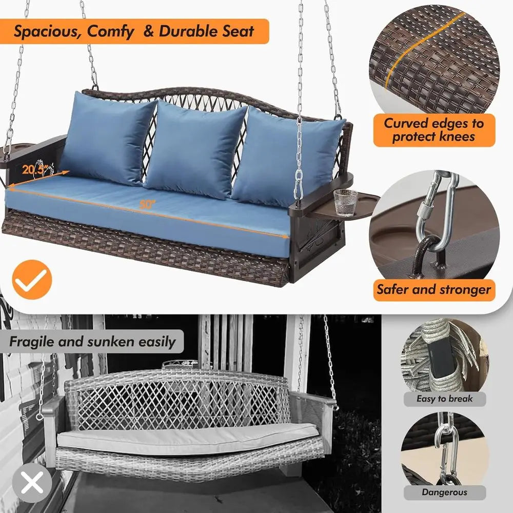 Durable 3-Person Porch Swing with 900lbs Capacity, Hanging Chains, Cushions, and Cup Holder