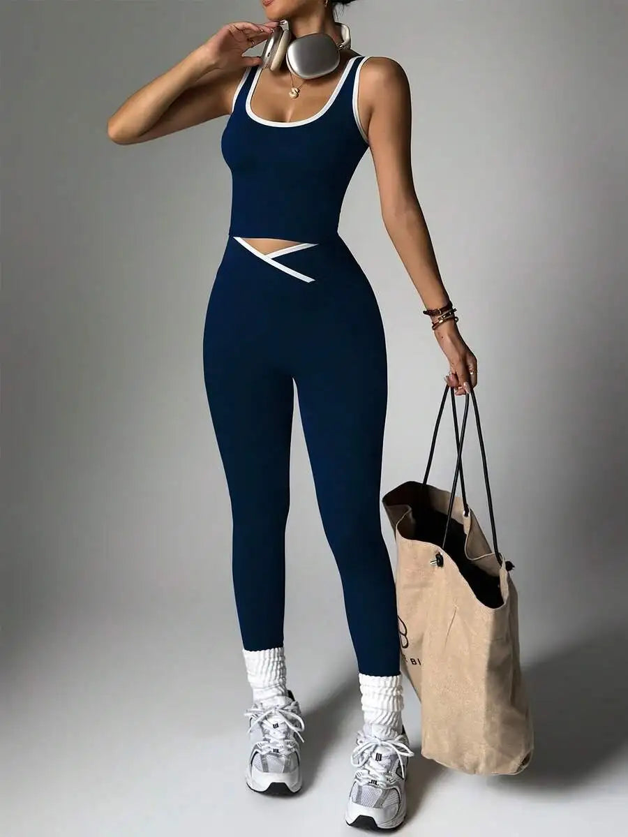 Women's High-Waisted Yoga & Fitness Set - Colorblocked Athletic Top And Leggings, Stretchy Polyester Blend, Perfect For Running