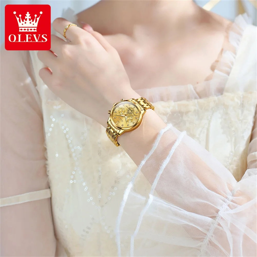 OLEVS 2897 Elegance Original Quartz Movement Women Watch Multifunctional Diamond Dial Luminous Function 30m Waterproof Watch