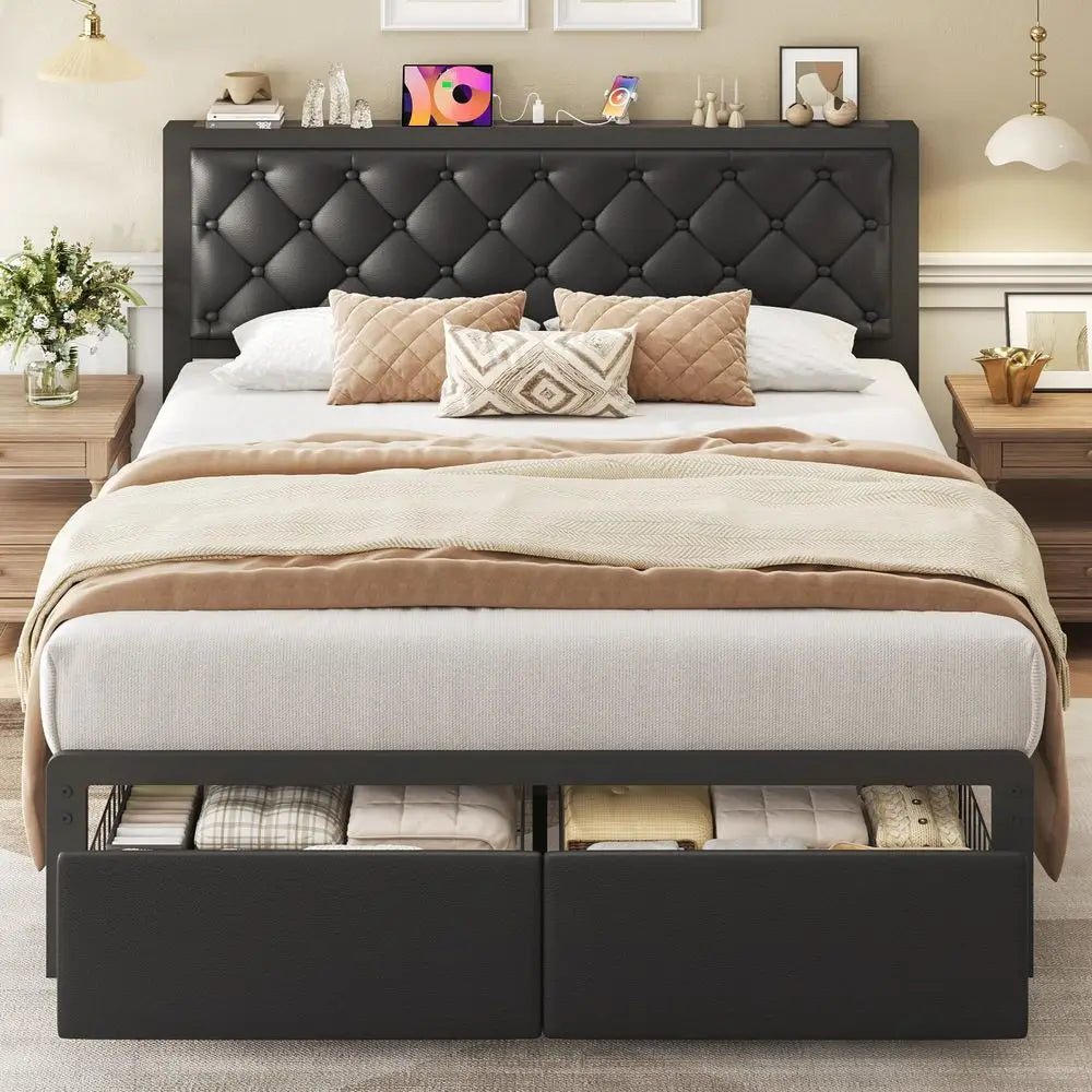 Queen Bed Frame with 2 Storage Drawers, Upholstered Headboard Button Tufted Bed Frame with Charging Station, No Box Spring Need
