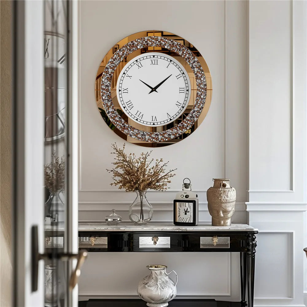 Large Mirror Wall Clock with Crushed Diamond Edge, Sparkling Bling Bling Crystal Round Clock for Living Room, Luxury Glamorous Home Decor, Silent Non-Ticking Quartz, Silver/Tawny Roman Numeral Modern Wall Art