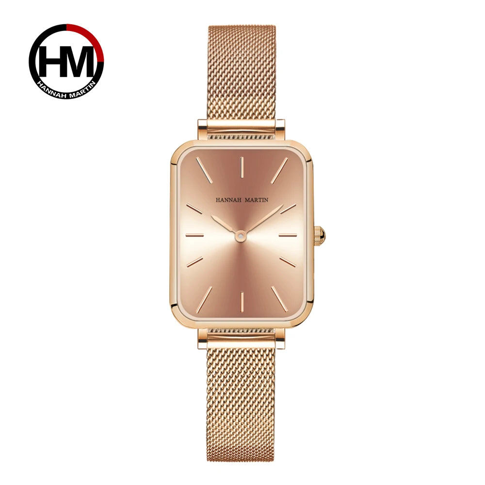 Hannah Martin Women Watch 34mm Simple Design Square Dial Lightweight Japanese Quartz Movement Rose Gold Stainless Steel Mesh Strap Classic Watch US Local Fast Shipping Surprise Gift Watch
