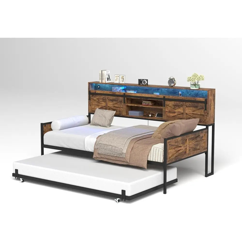 Sturdy Metal Twin Daybed with Trundle, LED & Charging Station, Storage Headboard - Heavy Duty Frame for Living, Bedroom, Guest R