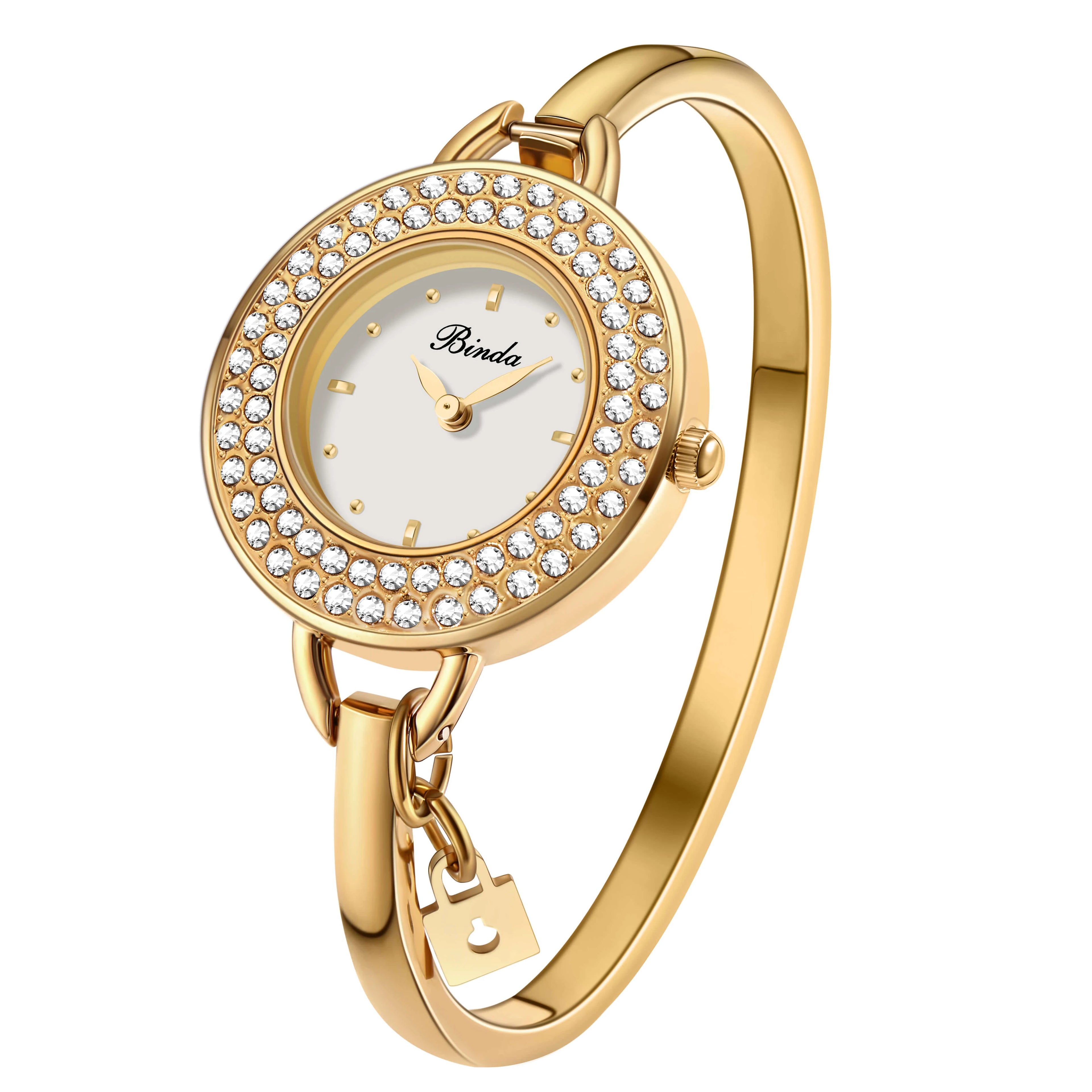 Binda Women’s Elegant Waterproof Quartz Watch – Rainbow Gold Stainless Steel Bracelet, Round Delicate Dial