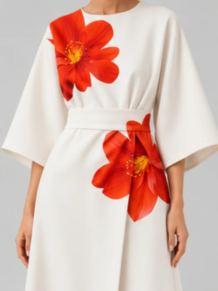 Women Elegant White Midi Wrap Dress Big Red Floral Print Puff Lantern Sleeve Belted Waist V Neck Formal Party Midi Dresses Vintage Chic Streetwear Wedding Guest Outfit