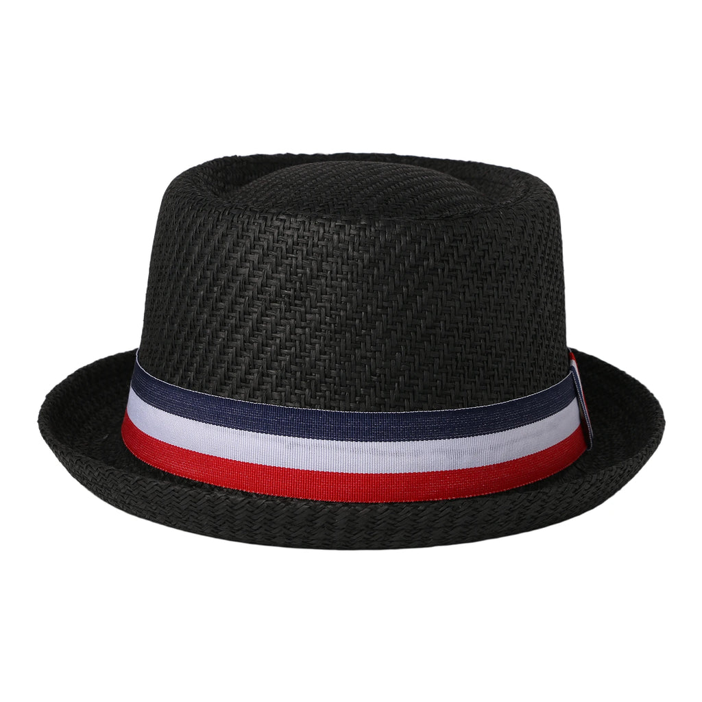 Red, white, and blue striped straw hat with rolled brim and decorative ribbon; retro casual jazz hat; unisex summer sun hat.