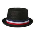 Red, white, and blue striped straw hat with rolled brim and decorative ribbon; retro casual jazz hat; unisex summer sun hat.