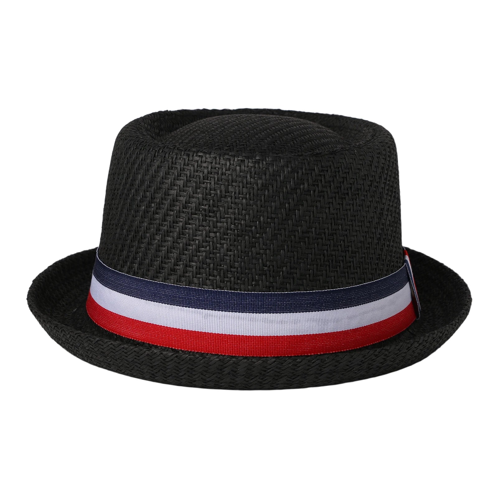 Red, white, and blue striped straw hat with rolled brim and decorative ribbon; retro casual jazz hat; unisex summer sun hat.