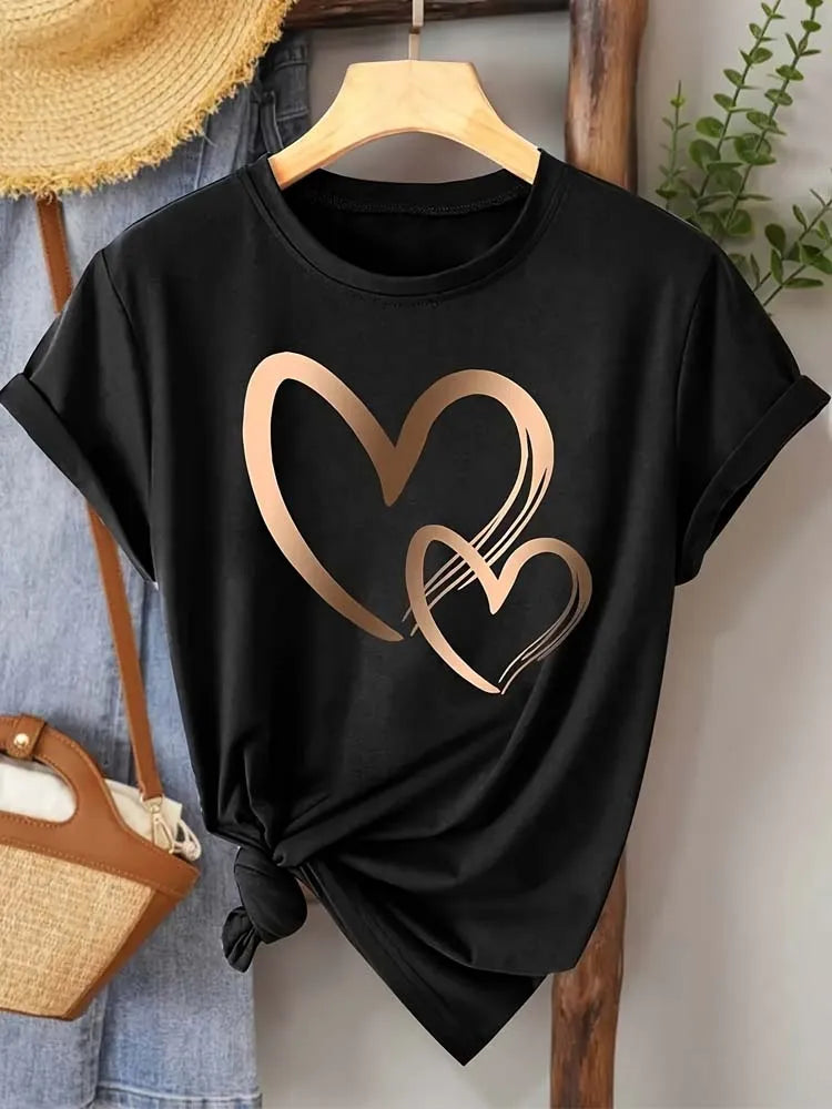 Summer New Fashion Women's Heart Printed T-shirt Trendy Casual Round Neck Top Short Sleeves Women T-shirt