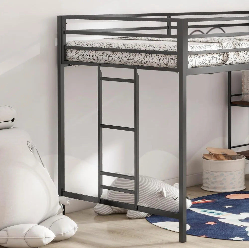 Twin Size Low Loft Bed with Shelf for Kids, Metal Loft Bed Frame, Junior Low Loft Bed