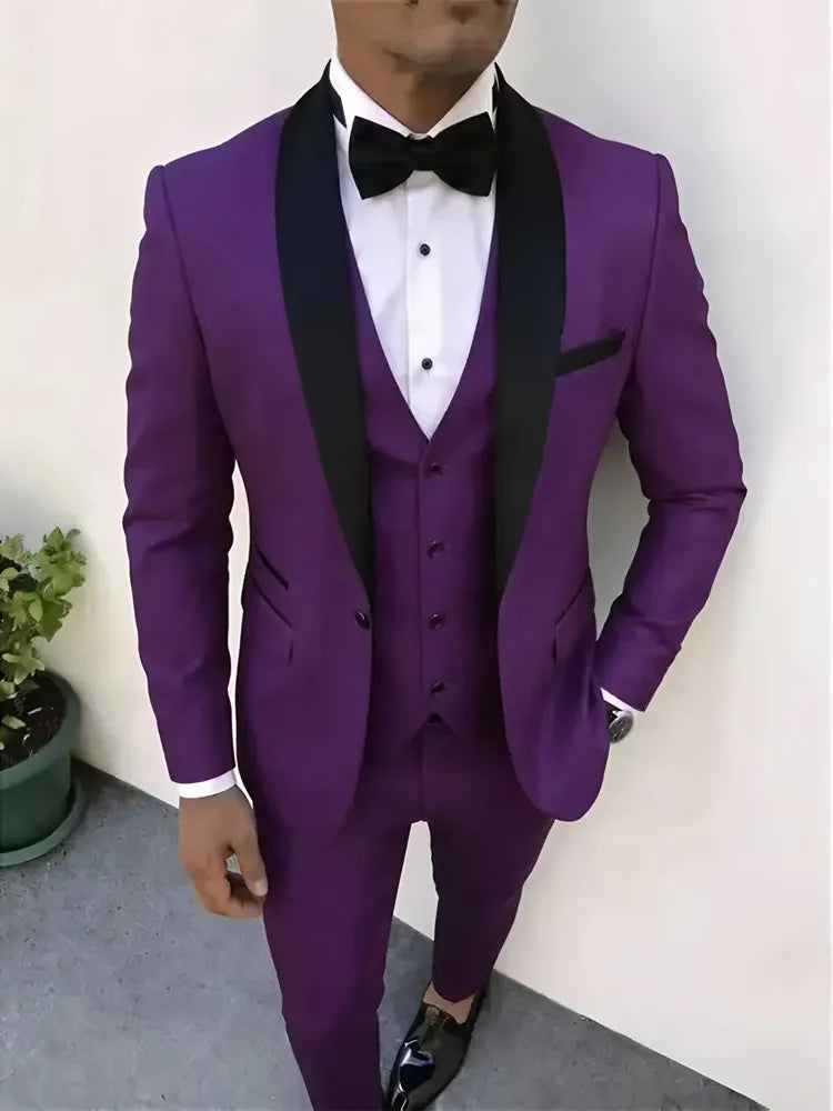 New Men's Crisp Collar Slim-fit Suit with Single Button 3pcs Suit Jacket, Dress, Business Formal Party Jacket, Vest And Trousers