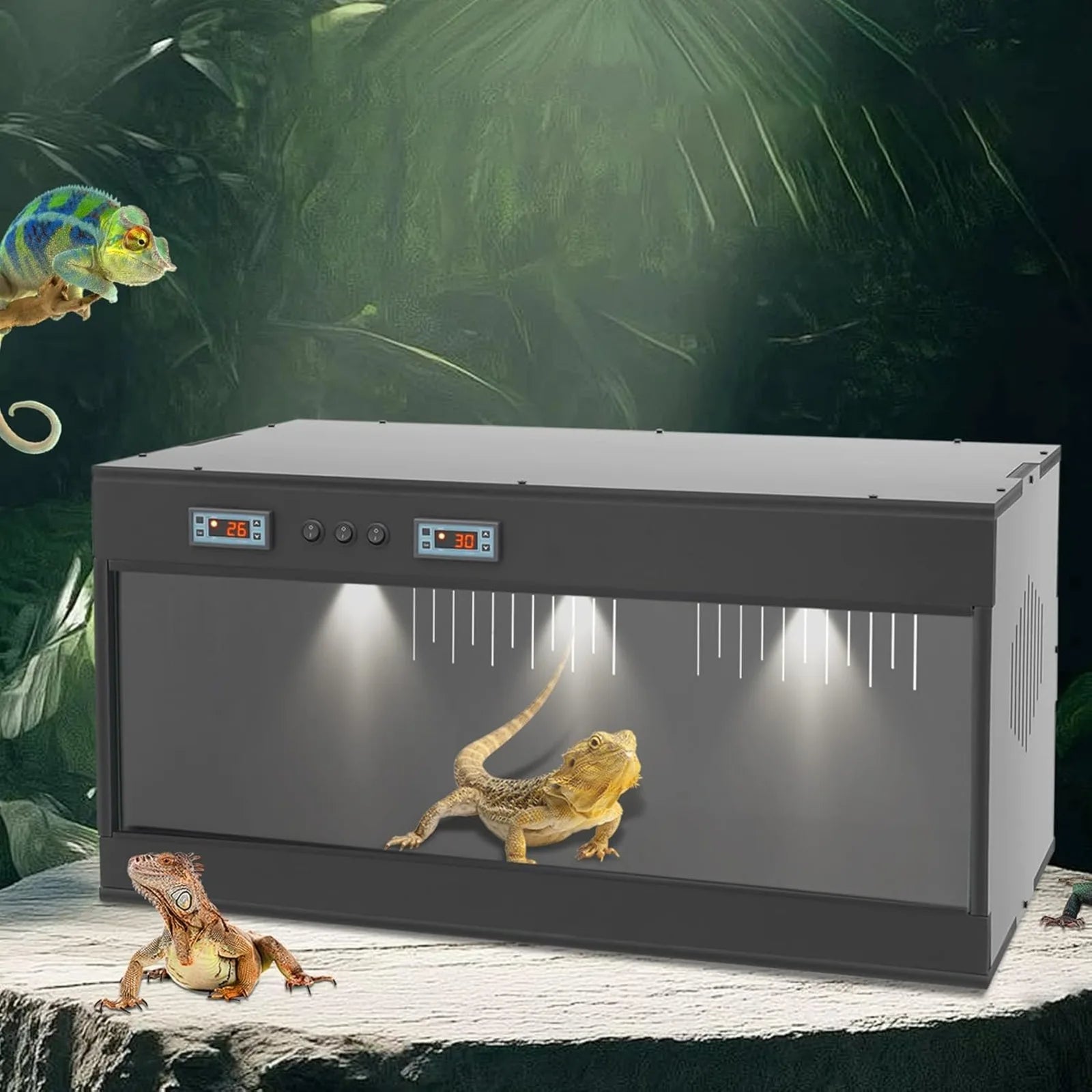 PVC Large Reptile Tank, 31.5x15.8x15.8 Front Opening Reptile Terrarium w/ Dual Temperature Controller Snake Enclosure Reptiles Feeding Box w/ Glass Sliding Door for Chameleon Lizard Snake