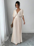 Deep V Neck Pleated Elegant Floor Length Dress For Women Summer