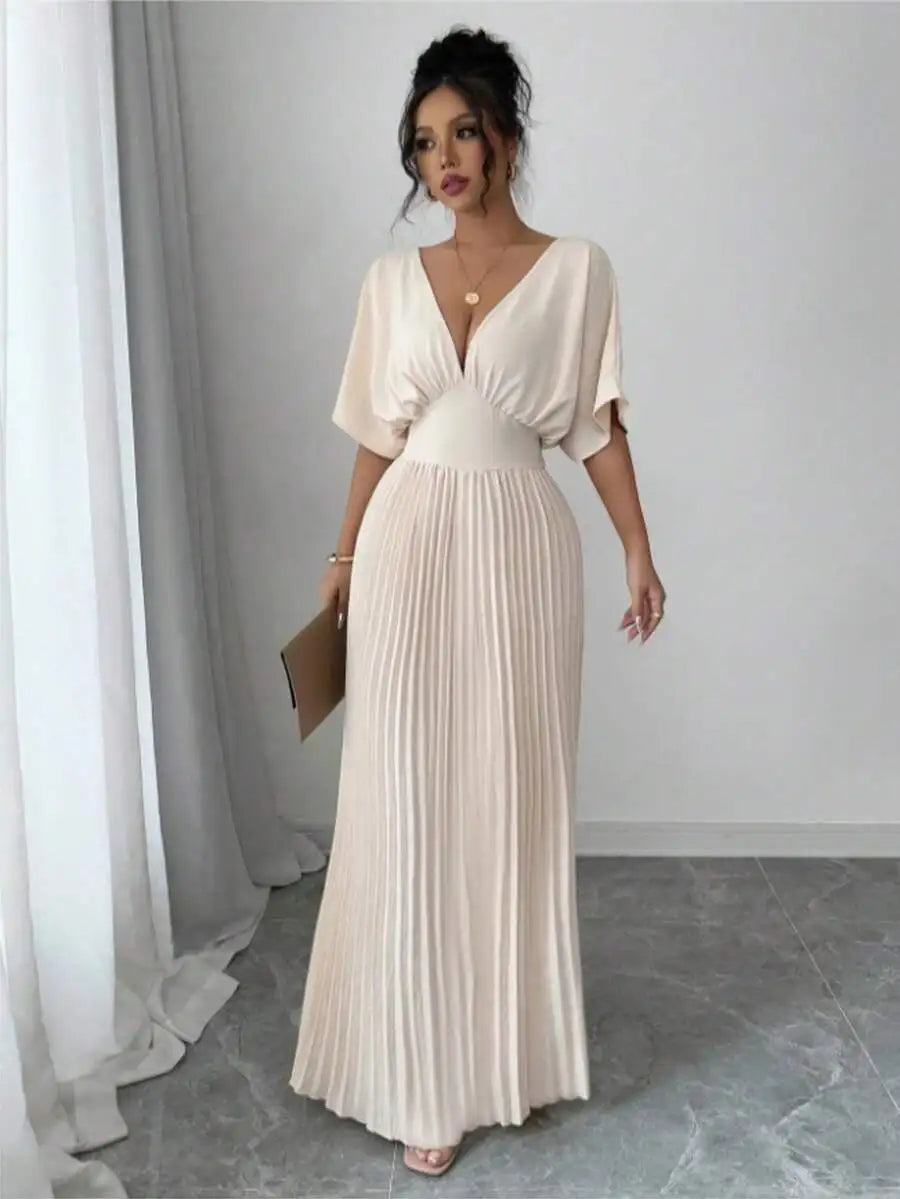 Deep V Neck Pleated Elegant Floor Length Dress For Women Summer