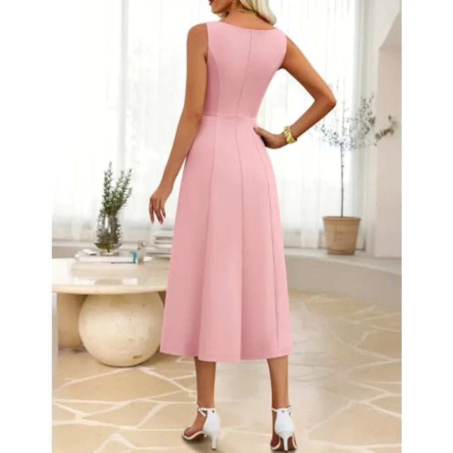 ZESICA Women Summer Sleeveless Midi Dresses 2026 Elegant Boat Neck A Line Tie Waist Spring Cocktail Party Dress