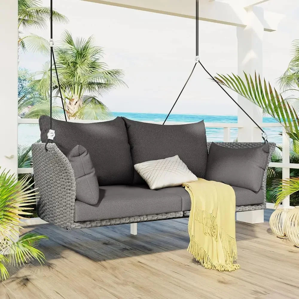 2-Person Rattan Swing Chair with Cushion, Adjustable Hanging Rope for Porch, Lawn, Garden, Backyard, or Patio (Gray)