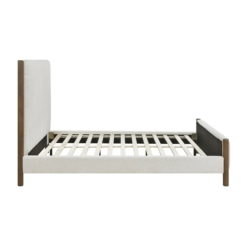 Queen Platform Bed, Soft Beige Chenille Upholstered, Solid Wood Frame, Modern Contemporary Design