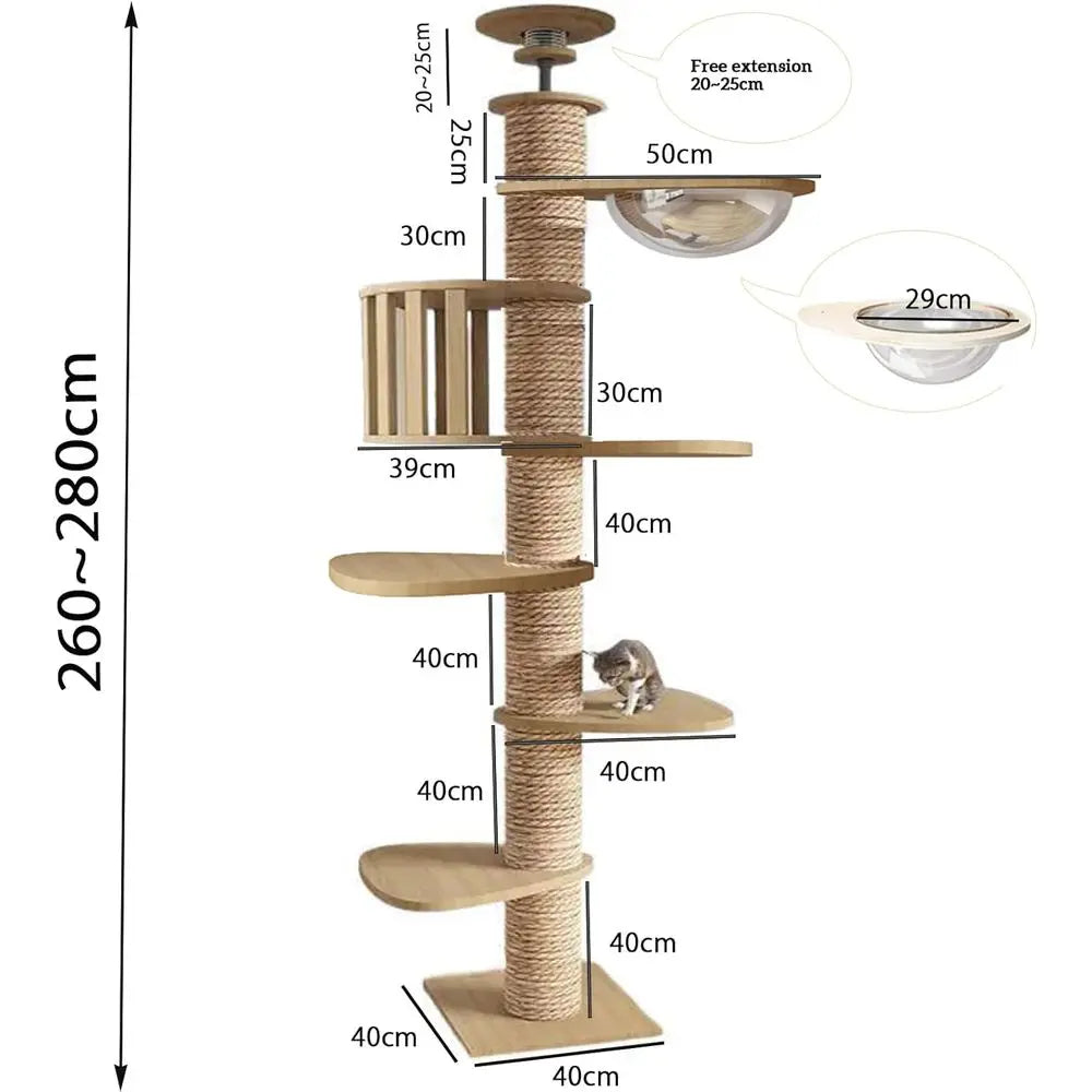 Adjustable Height Cat Tree (95-108in) with 4.33in Wide Scratching Post, Hammock, and Sisal Rope - Supports Up to 110 lbs