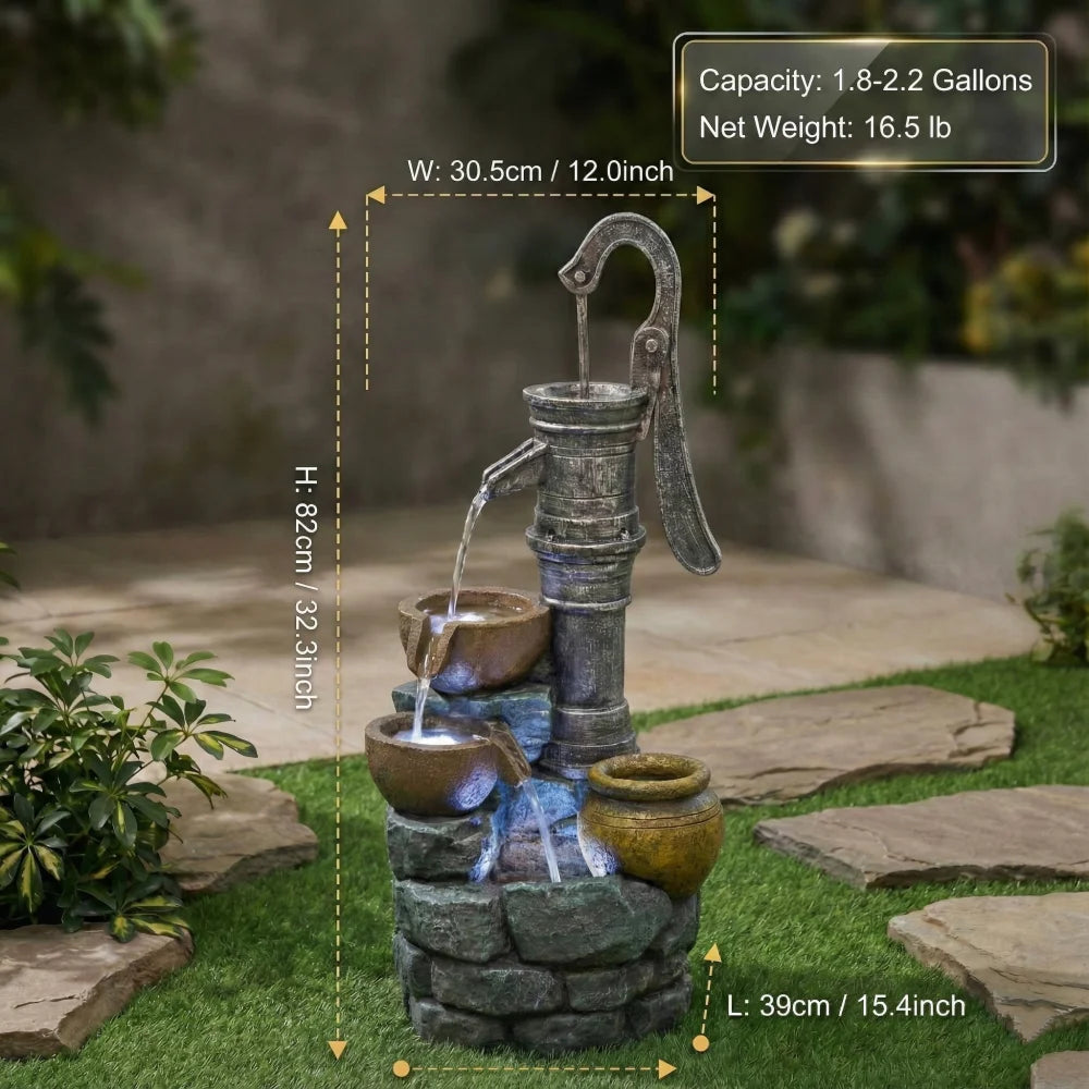 32" H Large Outdoor Fountains with Vintage Pump Ideal for Patio Yards Outdoor Gardens and Home Art Decor Crafted from Weather-Resistant Materials for Year-Round Use